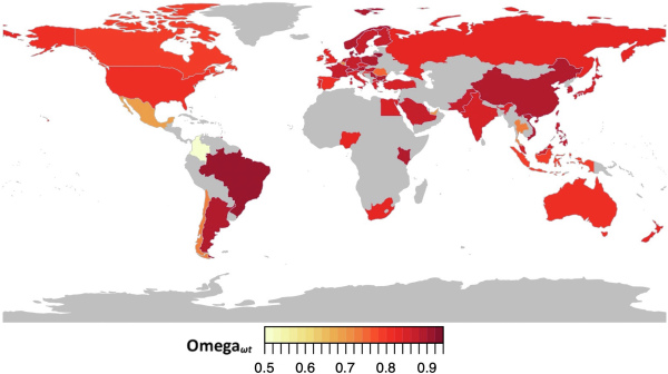 Географическое распределение ωt для английской версии теста на чтение по глазам в 57 странах. На этом рисунке показаны значения ωt для каждой из 57 стран, представленных в наборе данных Discovery. Светло-жёлтые цвета соответствуют более низким значениям, а тёмно-красные — более высоким.