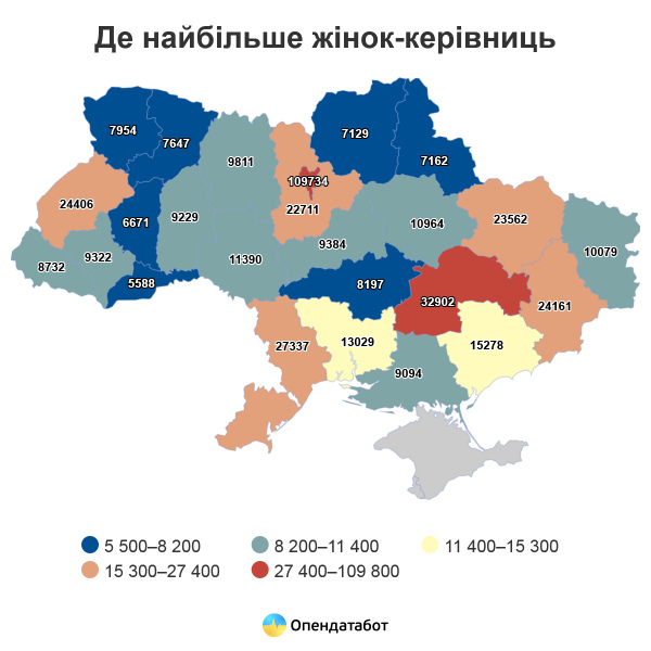 Наибольшее число женщин руководителдей по регионам Украины