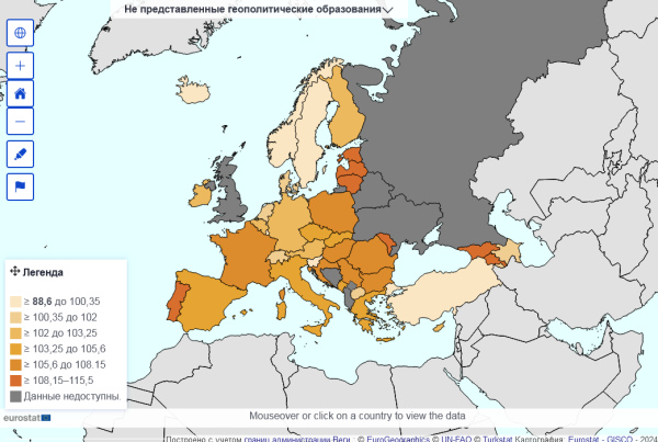 Количество женщин на 100 мужчин в Европе