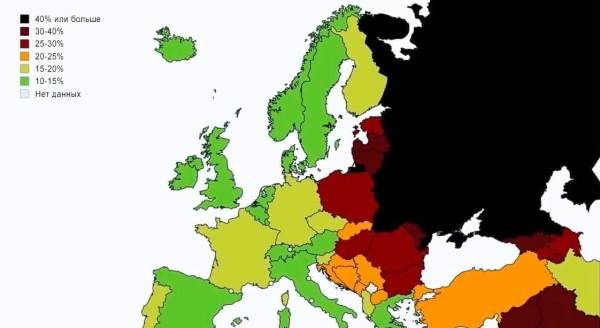 Процент мужчин недоживающих до 65 лет