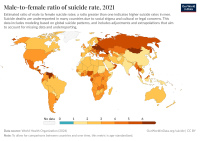 Чем ближе к коричневому тем больше мужских самоубийств относительно женских<br>ourworldindata.org